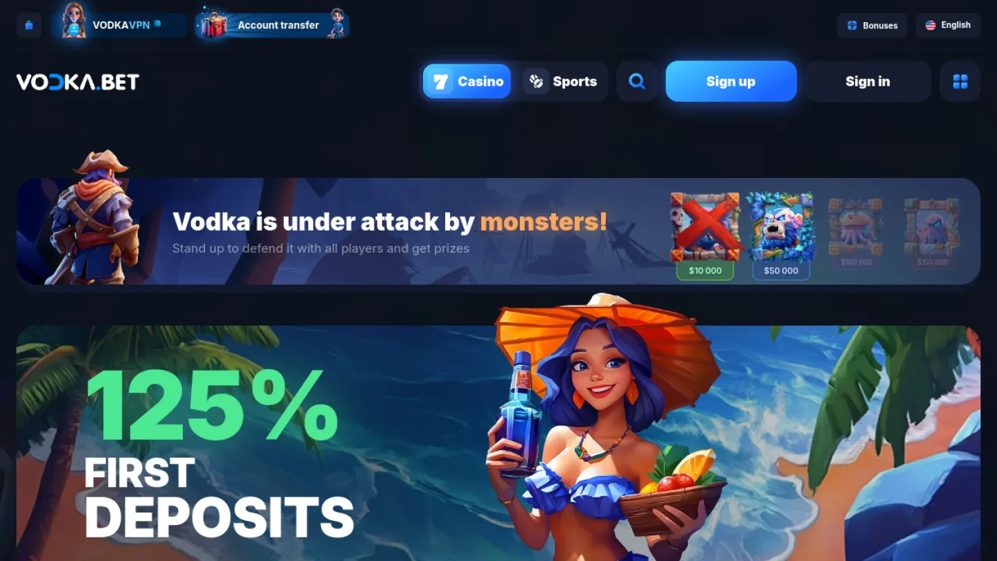 Скриншот интерфейса Vodka Casino в разделе «Официальный сайт»: навигация, игровые функции и доступные условия