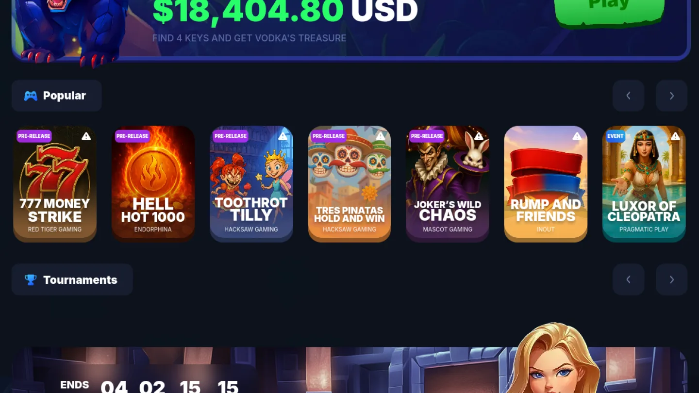 Скриншот интерфейса Vodka Casino в разделе «Зеркало»: навигация, игровые функции и доступные условия